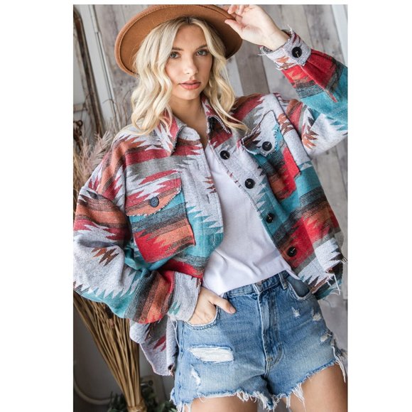 Boho Aztec Tribal Yellowstone Distressed Flannel Shirt Jacket Shacket - Picture 1 of 7